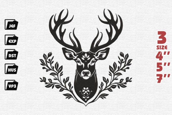 Floral Deer Head Embroidery Design